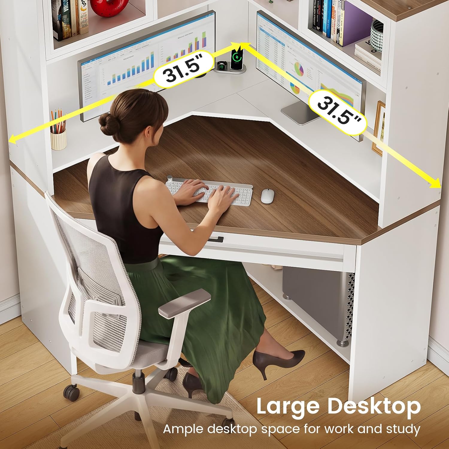 SEDETA 31.5" Corner Desk with Drawers, Small Office Computer Desk with Storage Shelves & Hutch for Small Space, Gaming Desk with LED Lights & Power Strip for Home Office, White + Brown