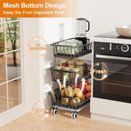 3 Tier Rolling Pantry Floor Organizers and Storage Cart with Wheels, Stackable Wire Fruit Basket Stand for Kitchen Organization, Three Tiered Pantry Storage Rack for Snack, Vegetable, Produce, Fruits