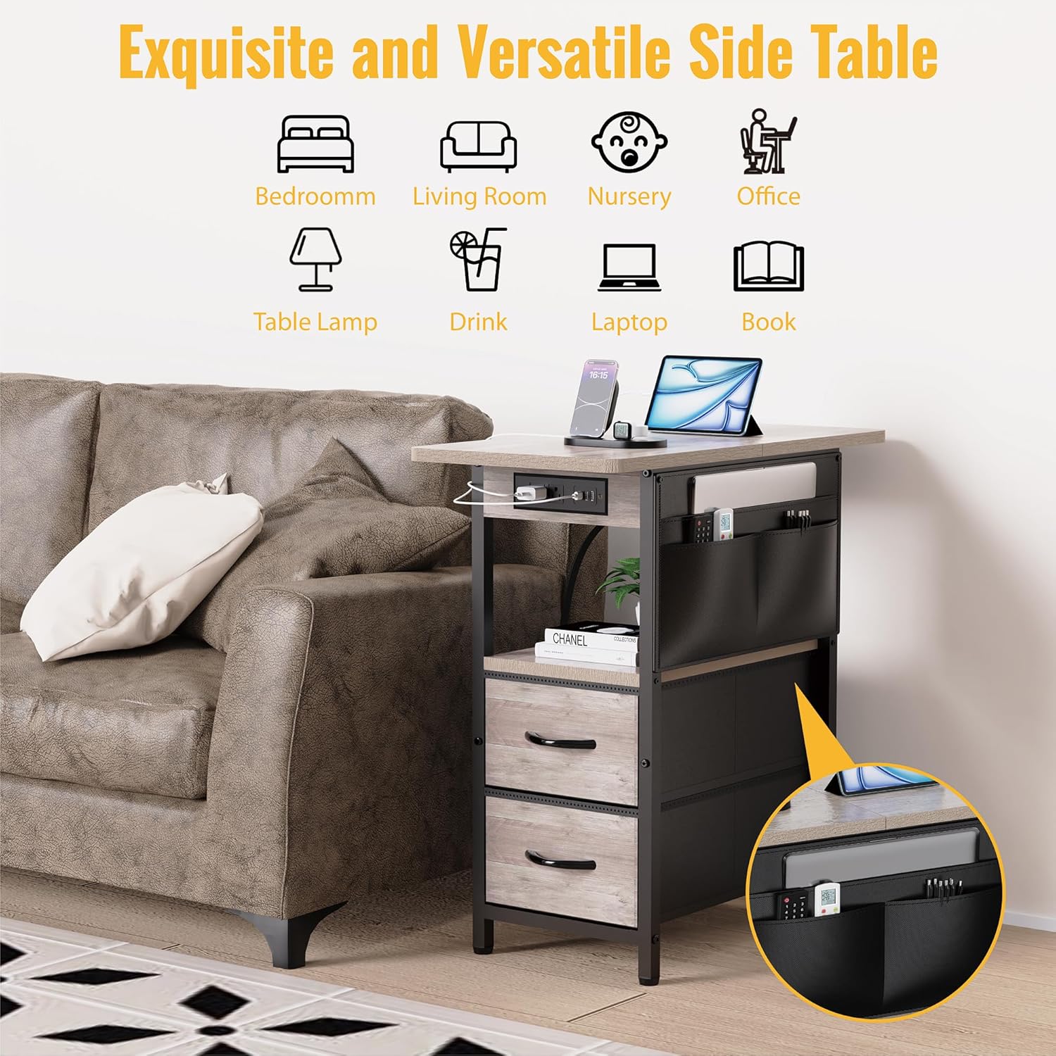 Yenlure Small Side Table with Charging Station, Narrow Nightstand Bedside Tables with Storage Pocket for Living Room Bedroom, Sofa End Table with USB Ports and Power Outlets for Small Spaces, Greige