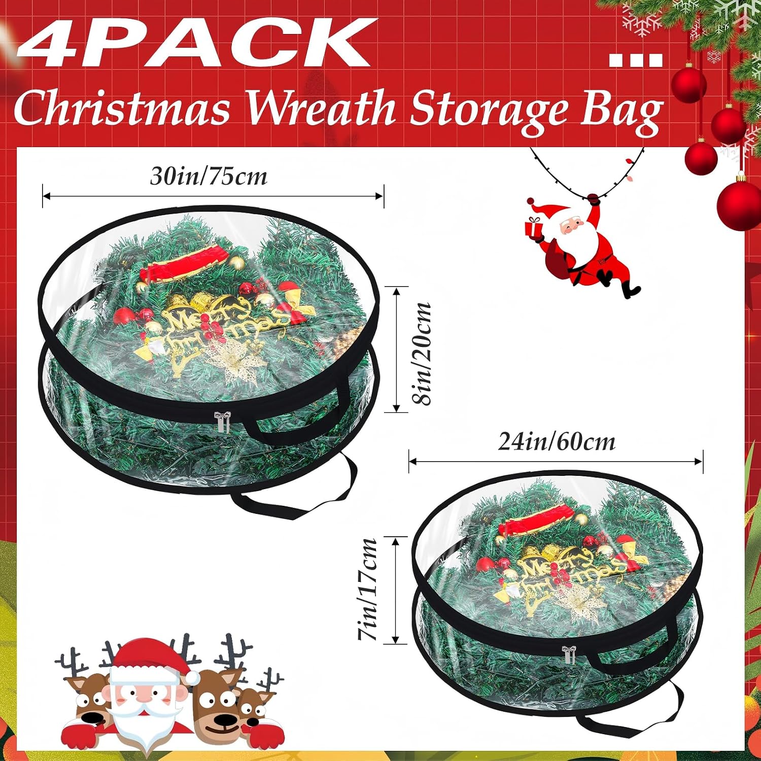 Zhengmy 4 Pack 30" 24" Wreath Storage Container Clear Christmas Wreath Storage Bags with Handle and Dual Zipper Plastic Decorative Garland Protector for Xmas Seasonal Holiday(Black)