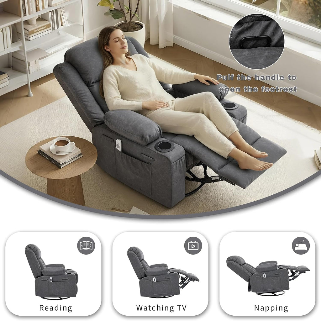 Rocker Recliner Chair with Heat and Massage,360°Swivel Nursery Recliner Chair for Adults,Modern PU Leather Recliner Single Sofa Seat with 2 Cup Holders and Side Pocket (Grey)