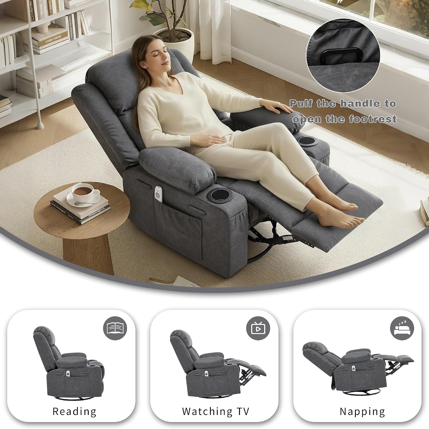 Rocker Recliner Chair with Heat and Massage,360°Swivel Nursery Recliner Chair for Adults,Modern PU Leather Recliner Single Sofa Seat with 2 Cup Holders and Side Pocket (Grey)