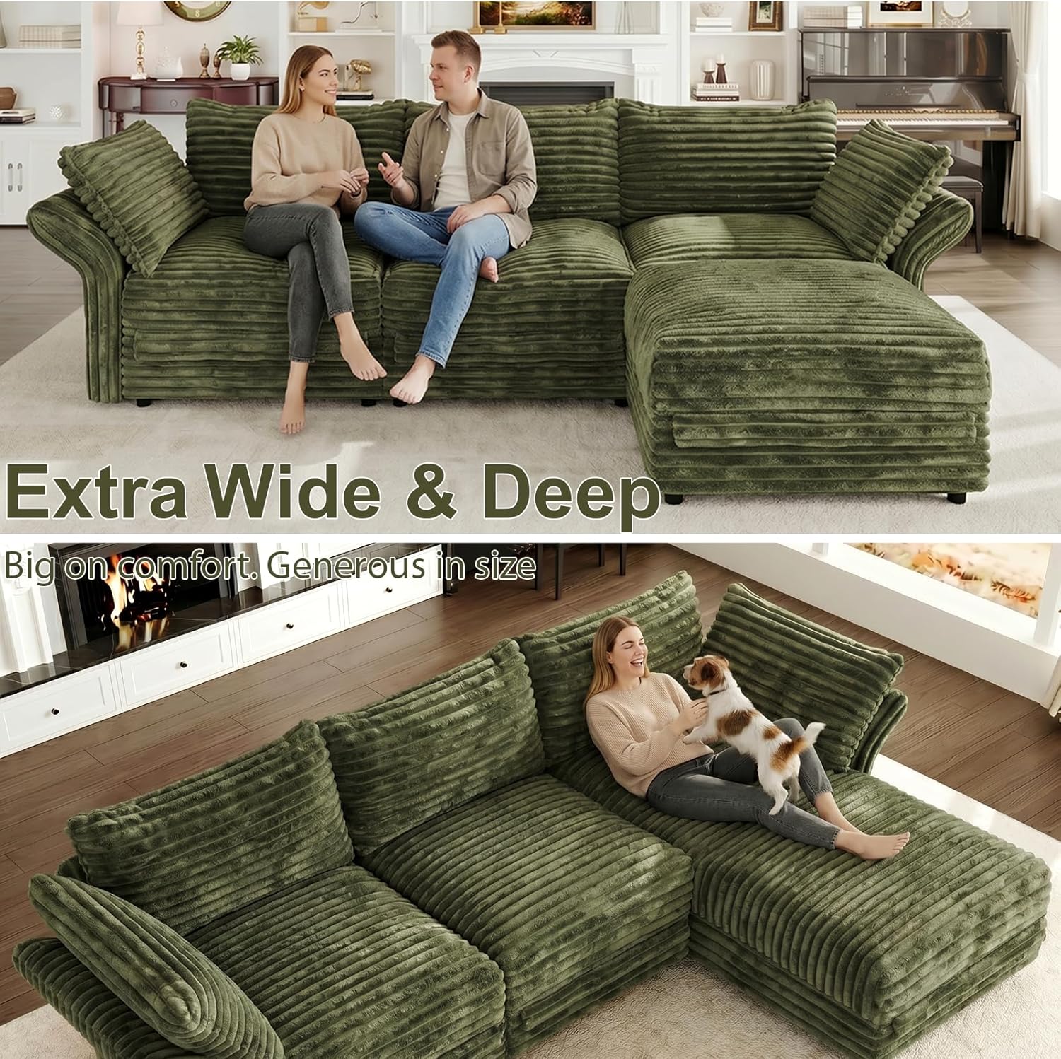 DreamDashio 7-Seat Sectional Sofa, Oversized Extra Wide Deep Seat Giant Detachable Modular Cloud Couch, Certified Corduroy Fabric with Storage & Detachable & Adjustable Arms, for Living Room, Green