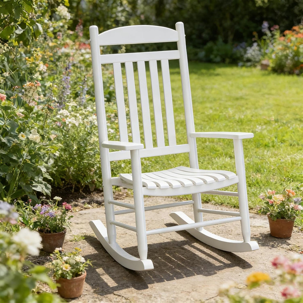 Wooden Outdoor Rocking Chair, Weatherproof Oversized Rocking Chair, Heavy Duty Comfort with 450 lbs Weight Capacity, Solid Relaxing Rocker with High Back for Patio, Porch, Living Room (white)