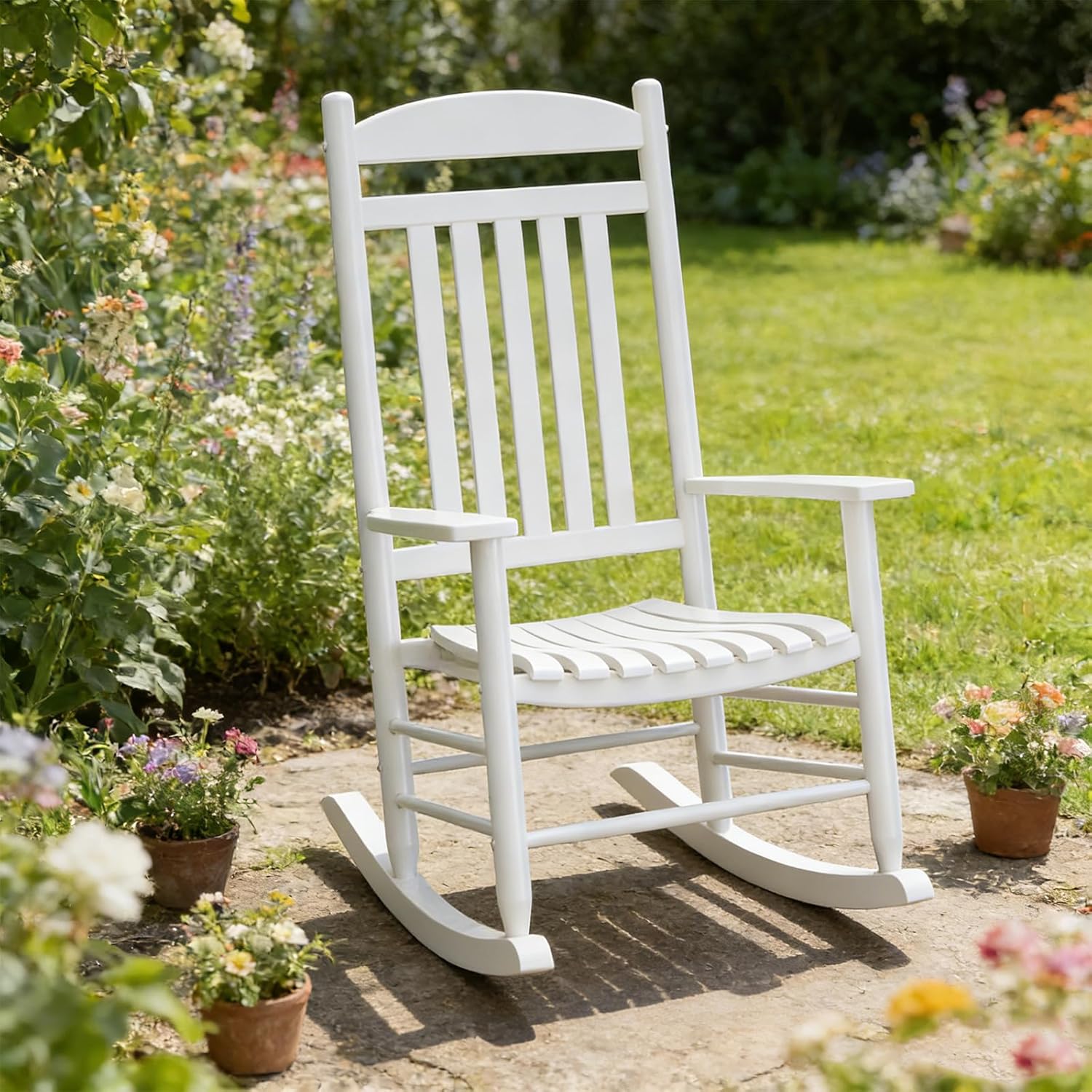 Wooden Outdoor Rocking Chair, Weatherproof Oversized Rocking Chair, Heavy Duty Comfort with 450 lbs Weight Capacity, Solid Relaxing Rocker with High Back for Patio, Porch, Living Room (white)