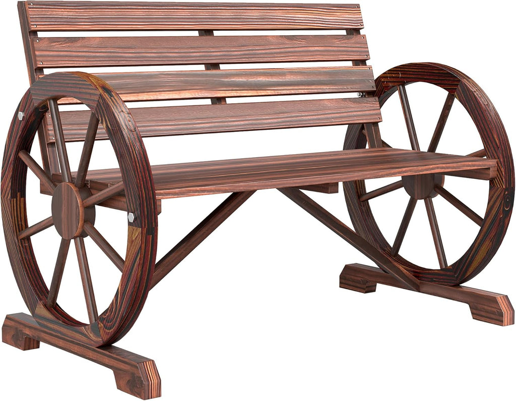 Wooden Bench, 41 Inch Wagon Wheel Patio Garden Loveseat, Rustic Outdoor 2-Person Slatted Seat Bench with Backrest for Porch Deck Backyard Lawn, Carbonized