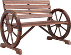 Wooden Bench, 41 Inch Wagon Wheel Patio Garden Loveseat, Rustic Outdoor 2-Person Slatted Seat Bench with Backrest for Porch Deck Backyard Lawn, Carbonized