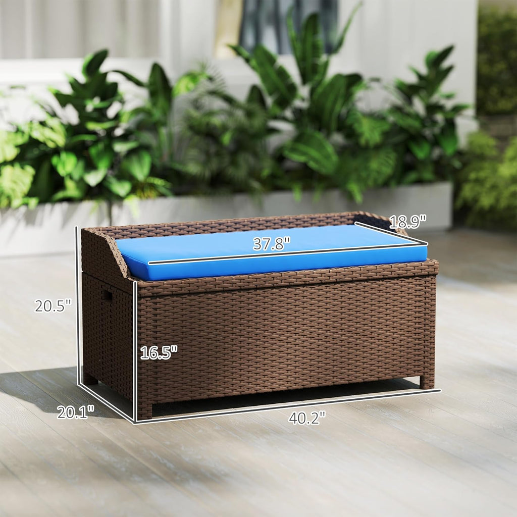 Wicker Storage Bench, Blue Outdoor Patio Storage Bench with Cushion, Deck Box Seat and Rattan Garden Organizer for Backyard Porch Poolside Furniture Accessories