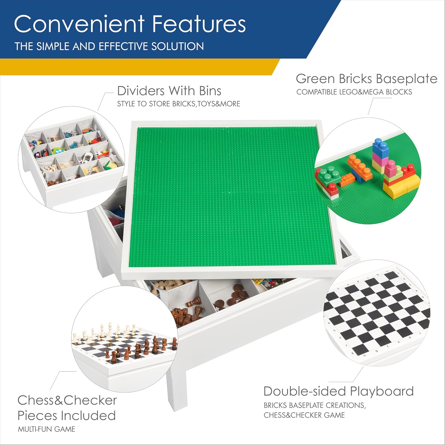 UTEX 3 in 1 Kids Activity Table with Storage, Kids Construction Play Table Compatible with Lego and Duplo Bricks, Chess Table for Building Block, Drawing, Crafts