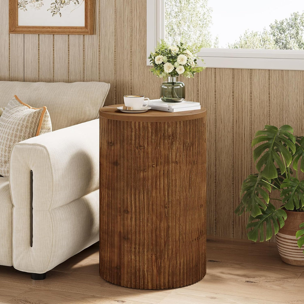 Solid Wood Round Side Table with Storage, No-Assembly Fluted End Table with 4 Wheels, Wooden Nightstand for Small Spaces, Living Room, Bedroom (Fully Assembled)