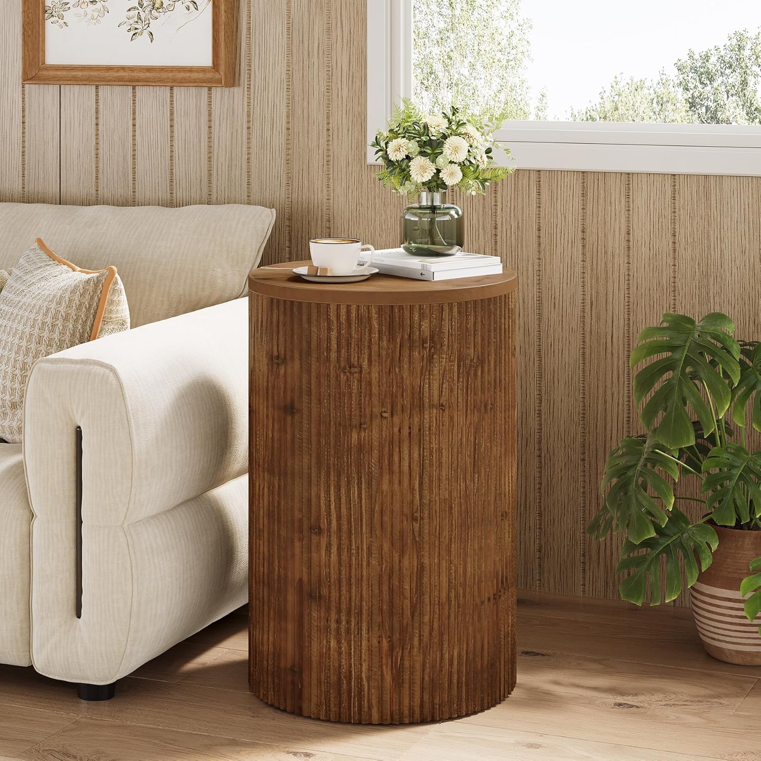 Solid Wood Round Side Table with Storage, No-Assembly Fluted End Table with 4 Wheels, Wooden Nightstand for Small Spaces, Living Room, Bedroom (Fully Assembled)