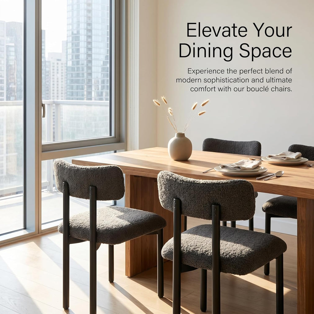Boucle Dining Chairs Set of 4, Modern Upholstered Dining Room Chair with Curved Backrest, Sherpa Kitchen Chairs with Cushioned Seat and Black Metal Legs for Living Room Bedroom Vanity, Grey