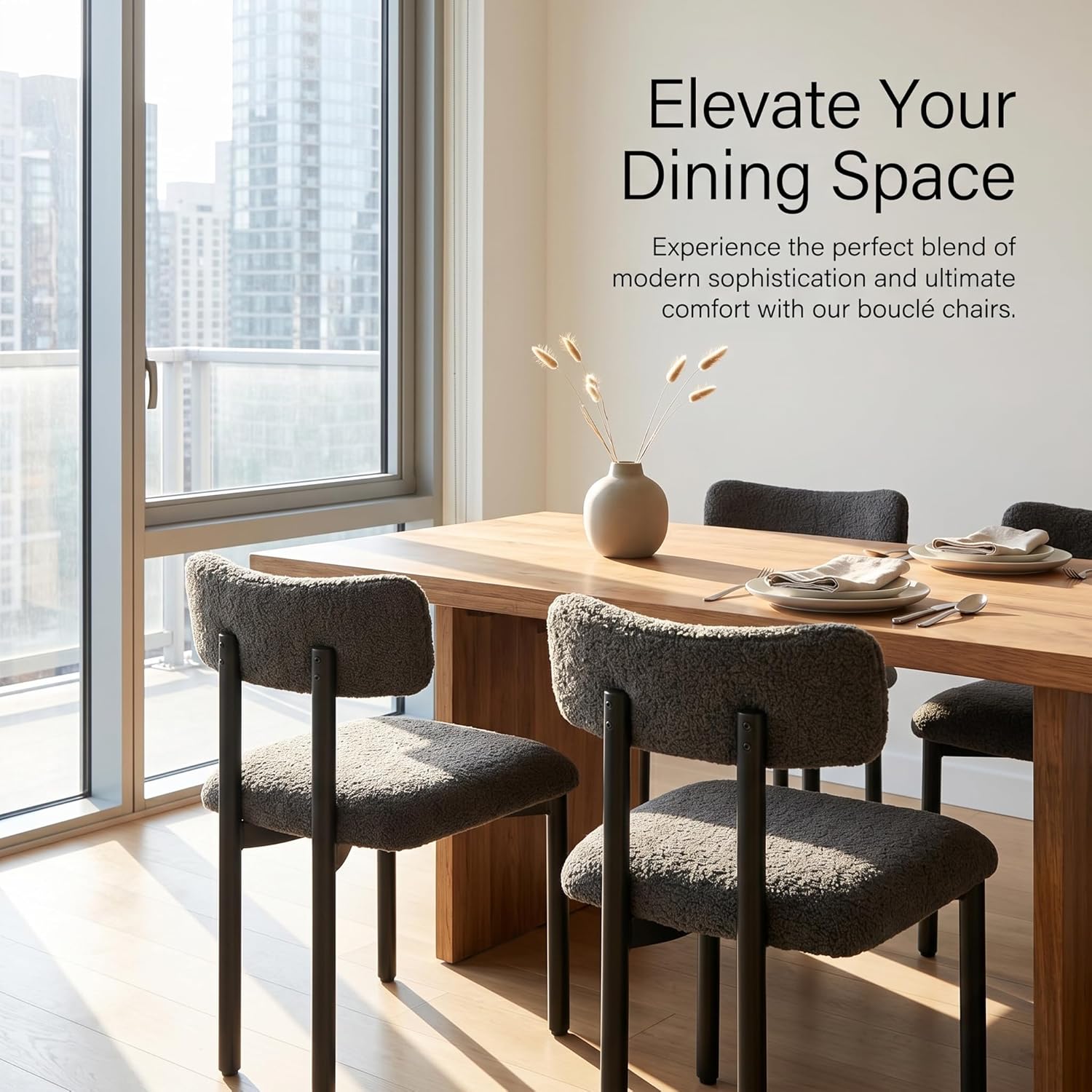 Boucle Dining Chairs Set of 4, Modern Upholstered Dining Room Chair with Curved Backrest, Sherpa Kitchen Chairs with Cushioned Seat and Black Metal Legs for Living Room Bedroom Vanity, Grey