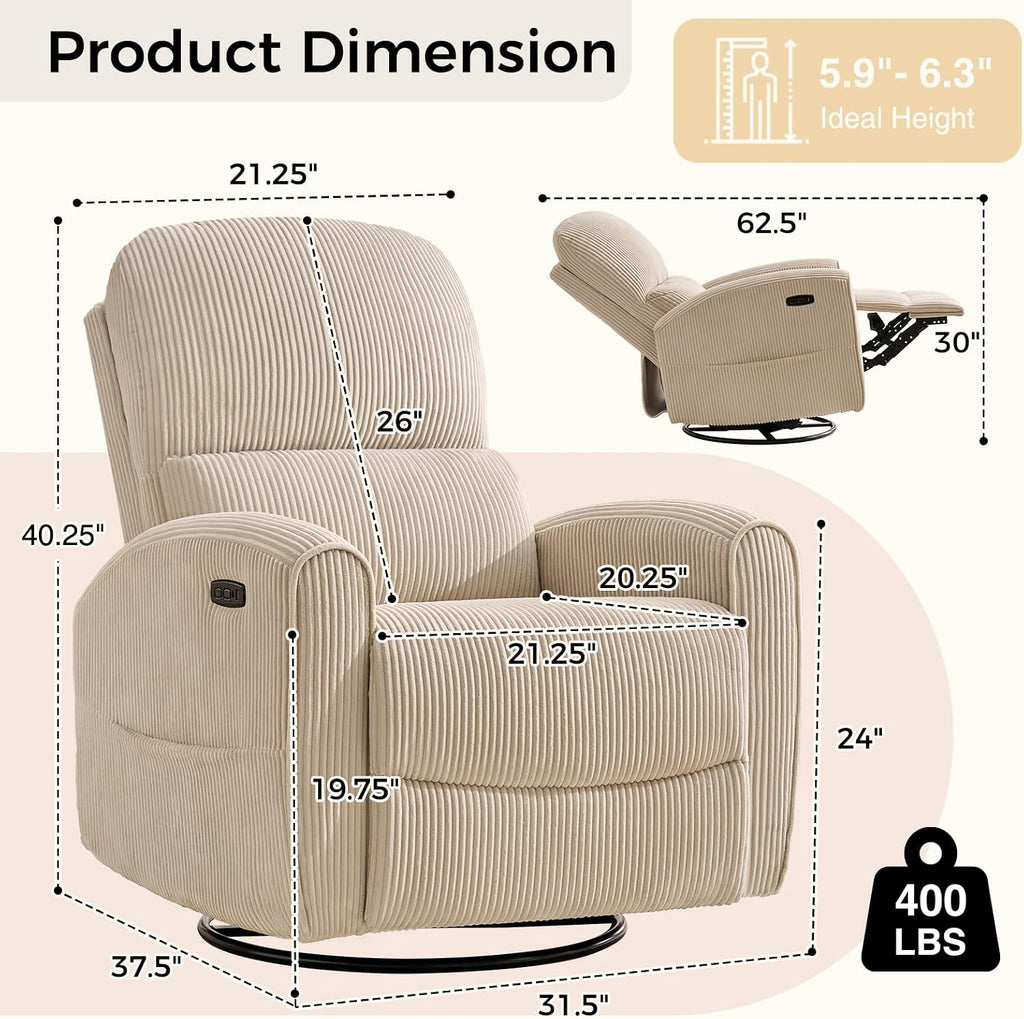 Power Swivel Rocker Recliner, Swivel Glider Nursery Electric Recliner Chair with Lumbar Support, Upholstered Rocking Recling Chairs for Adults Nursery, Living Room, Bedroom, Corduroy Camel