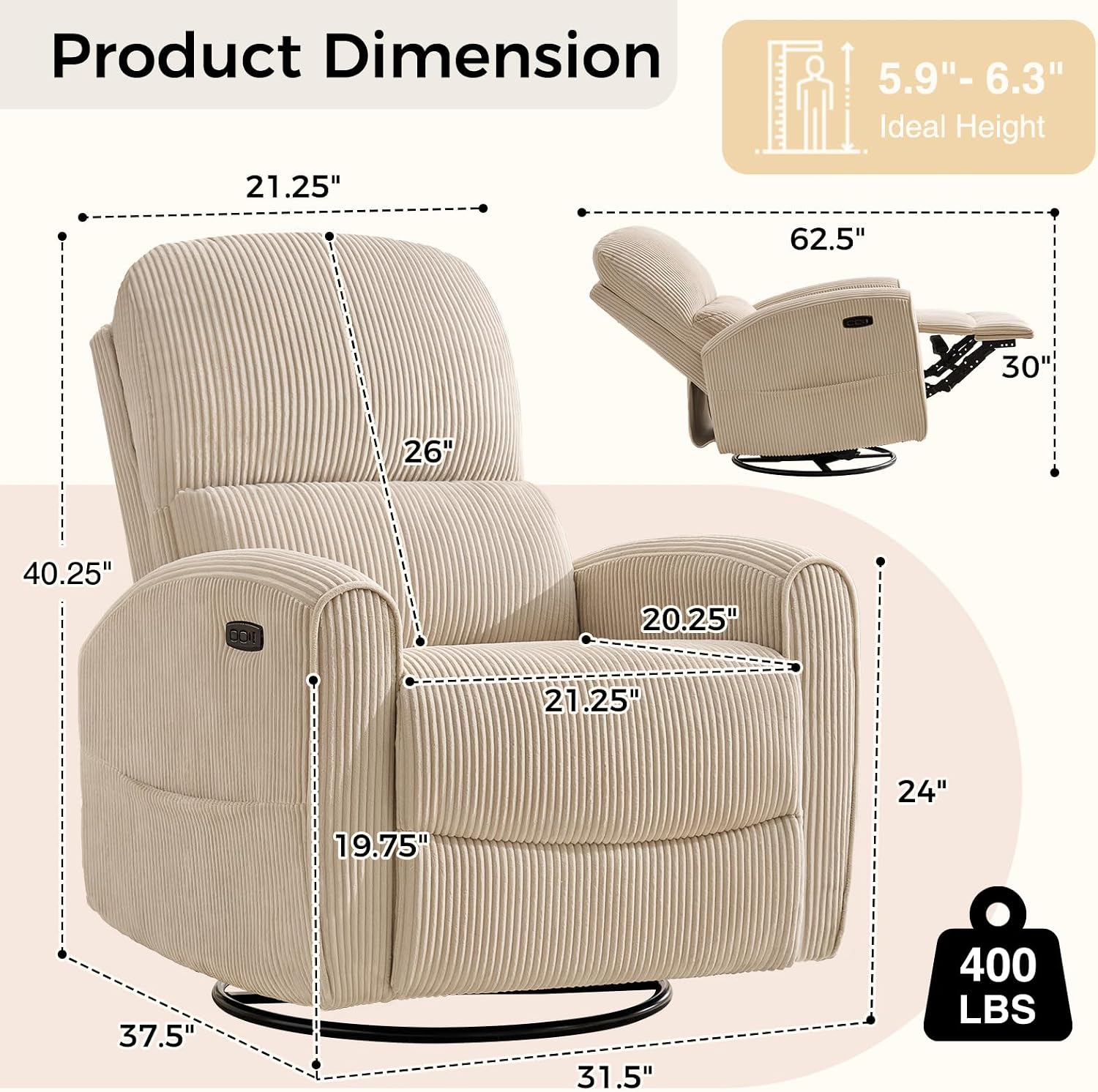 Power Swivel Rocker Recliner, Swivel Glider Nursery Electric Recliner Chair with Lumbar Support, Upholstered Rocking Recling Chairs for Adults Nursery, Living Room, Bedroom, Corduroy Camel