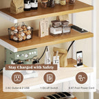 L-Shaped Bakers Rack with Power Outlet, 6-Tier Microwave Stand with Open Storage, Kitchen Shelf with Hooks, Coffee Bar with Wire Basket, White