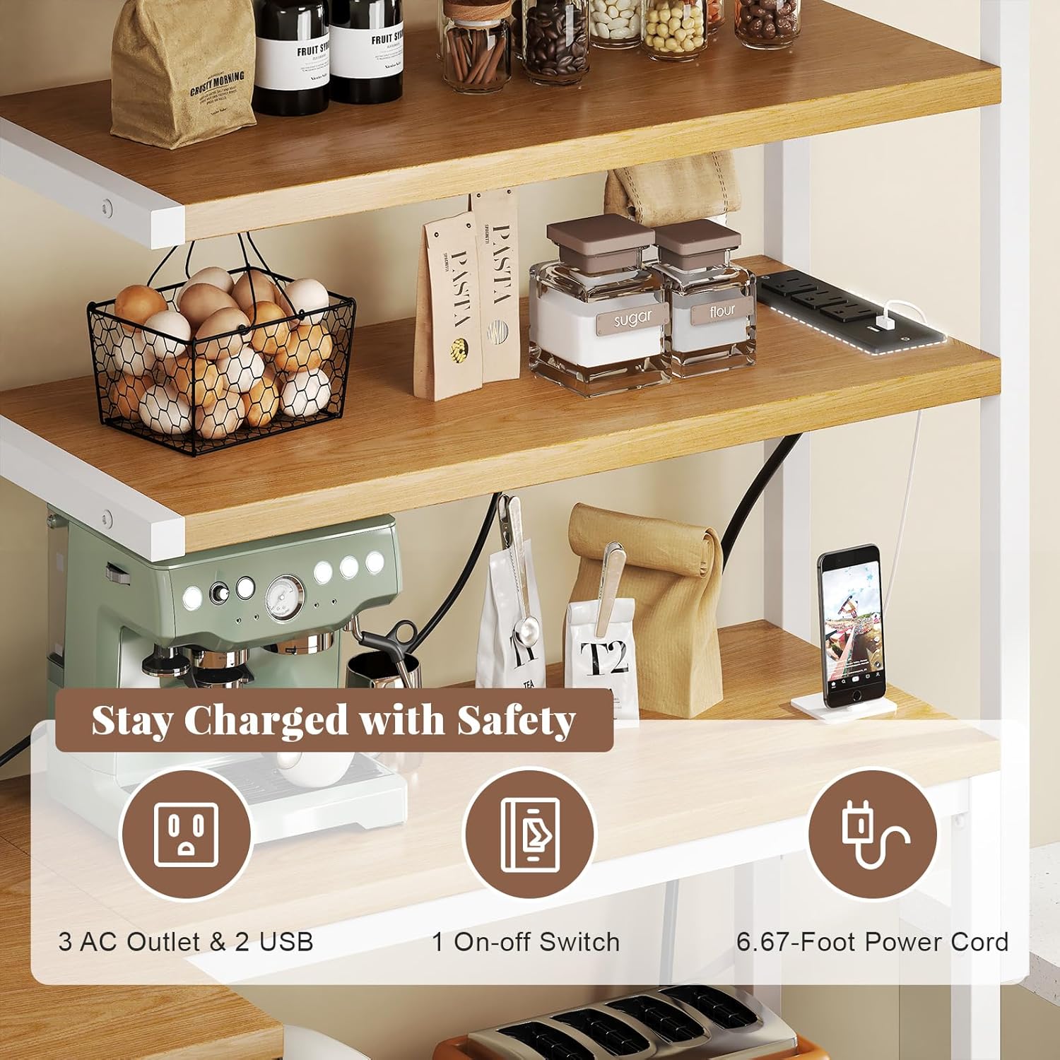 L-Shaped Bakers Rack with Power Outlet, 6-Tier Microwave Stand with Open Storage, Kitchen Shelf with Hooks, Coffee Bar with Wire Basket, White