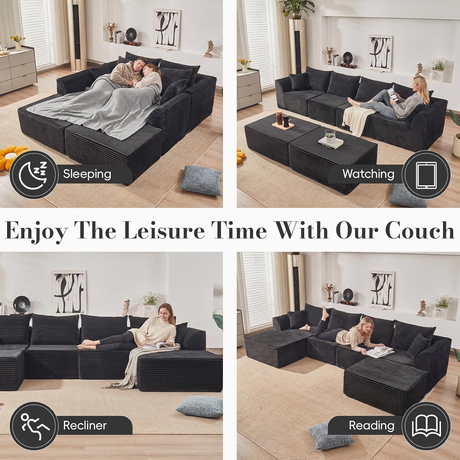 130" Modular Sectional Sofa,Modular Cloud Sofa,U-Shaped Cloud Couch with High-Density Foam & Corduroy Fabric,Boneless Couch Deep Seat Couch for Living Room Apartments Bedroom No Assembly Required ﻿