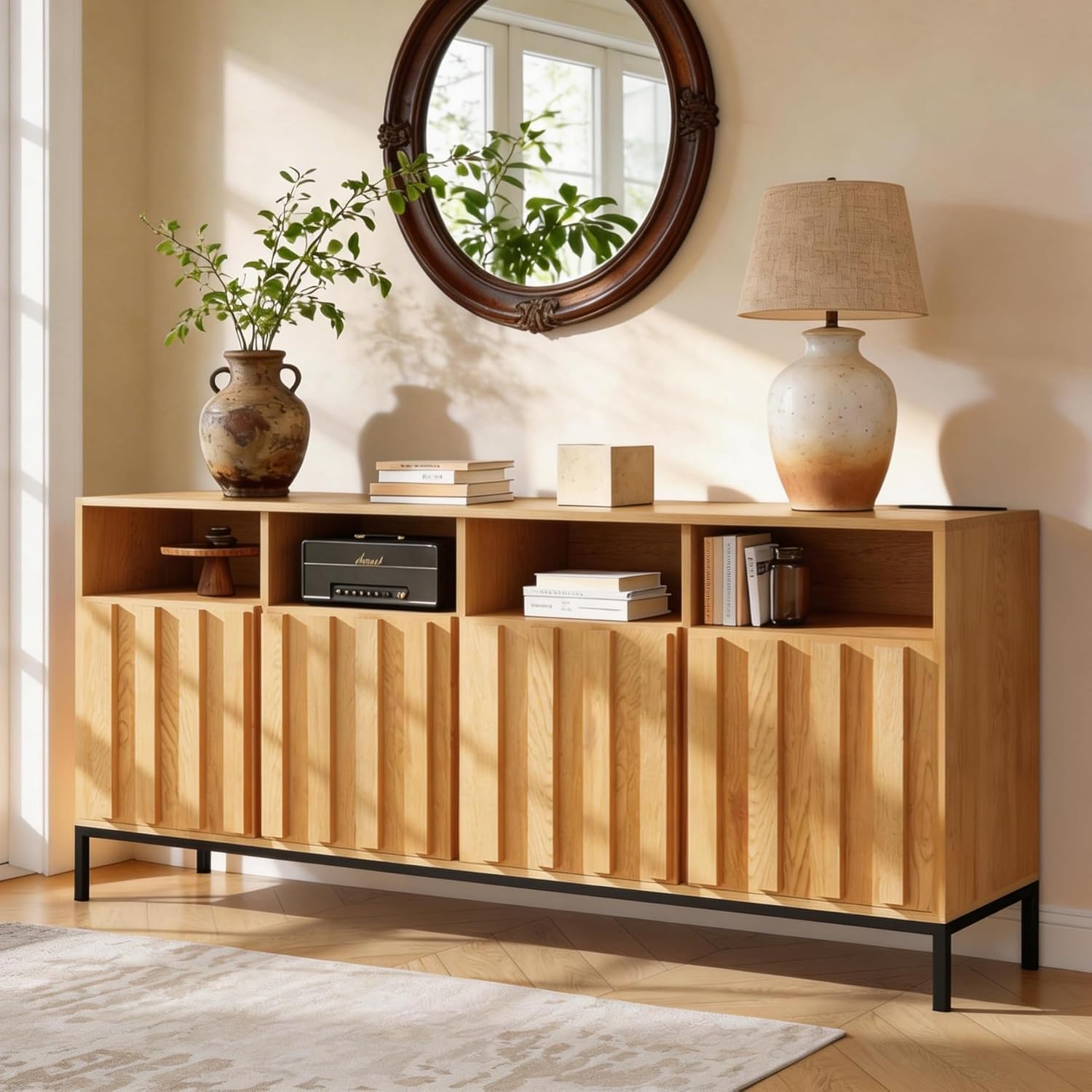 COCO DESIGN 70" Large Buffet Sideboard Cabinet with Power Outlets & Adjustable Shelves, Modern Farmhouse Accent Storage Credenza Console for Kitchen, Living Room, Oak