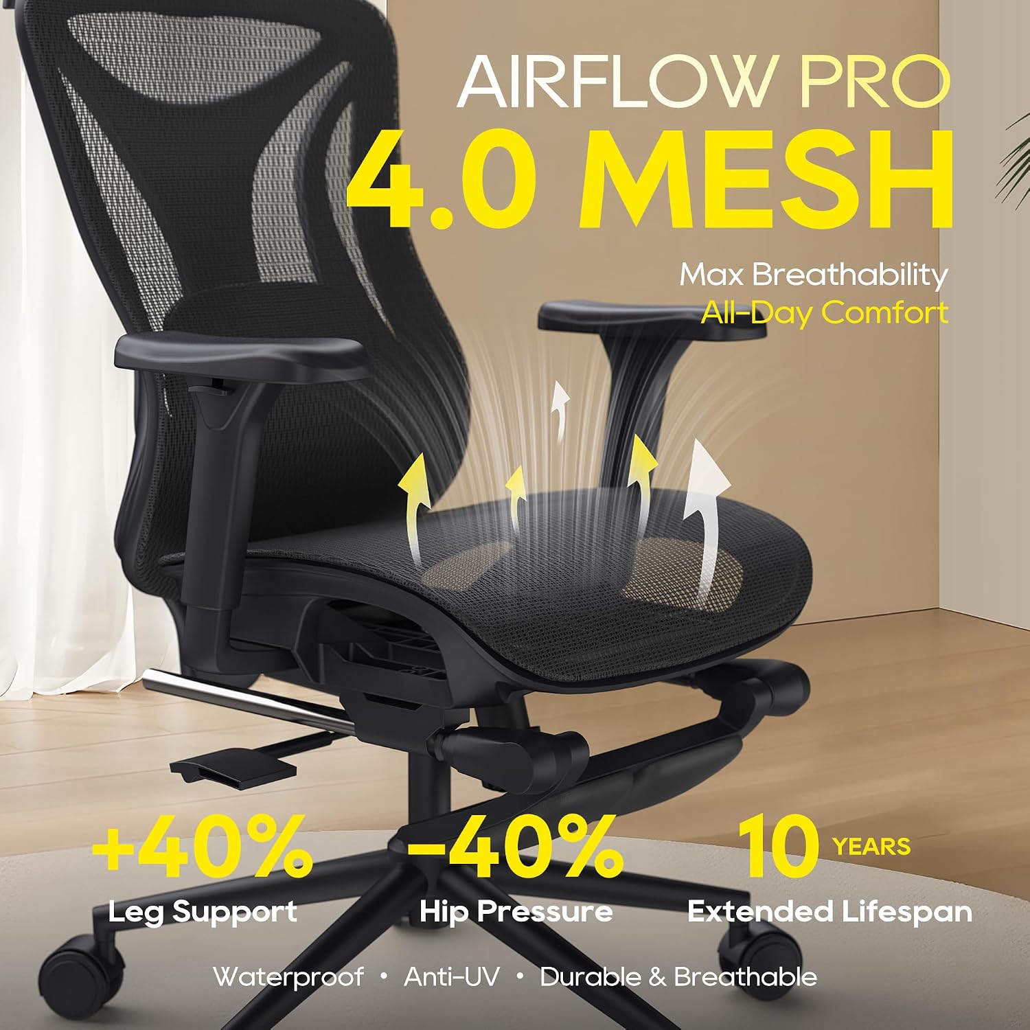 CYKOV Ergonomic Office Chair with Footrest - Adjustable Lumbar Support & Headrest, 90-160° Reclining Mesh Back Computer Chair - Home Office/Gaming, 350lbs Capacity (B-Black, Mesh)