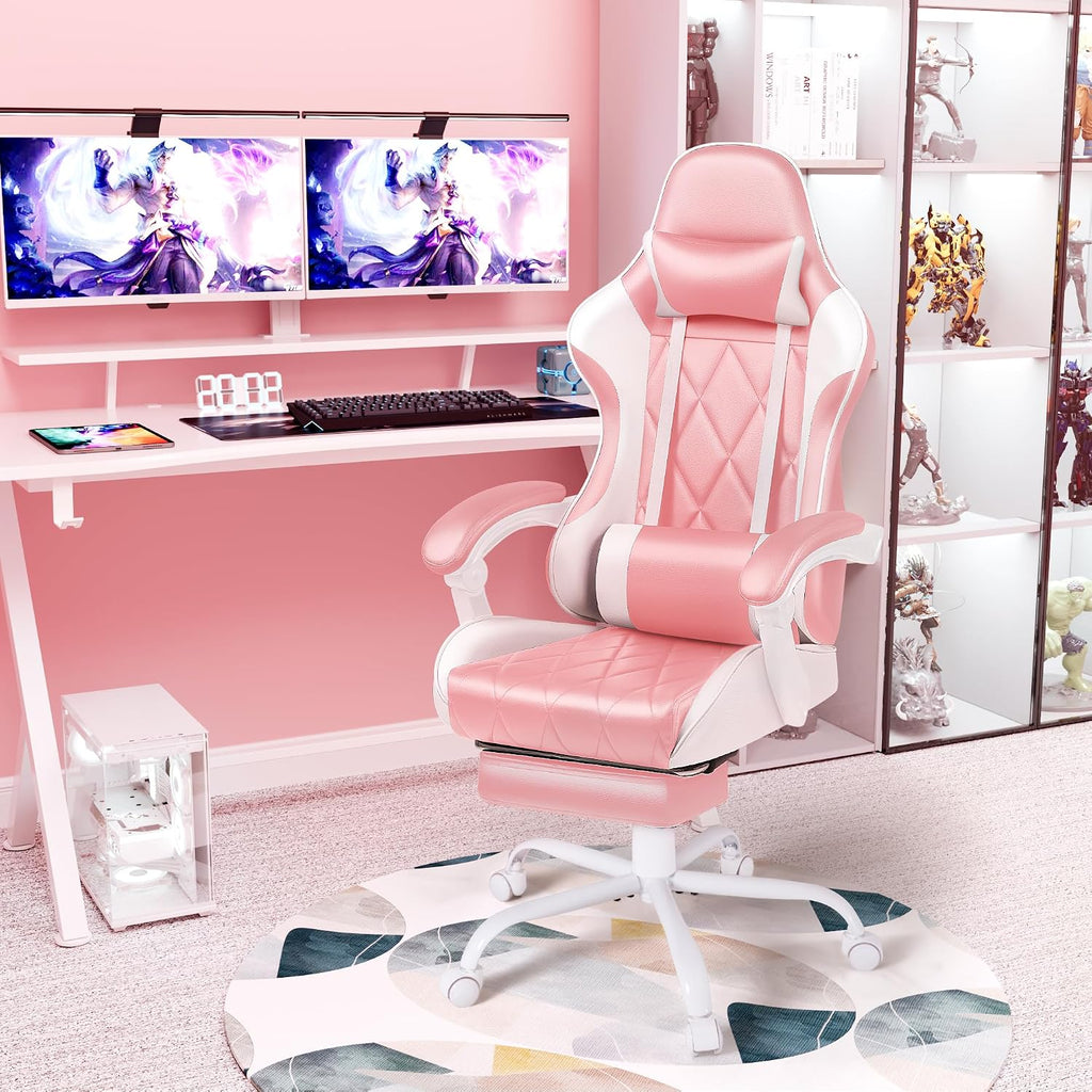 Shahoo Gaming Chair with Footrest and Massage Lumbar Support, Ergonomic Office Computer Seat Height Adjustable with Headrest, Pink