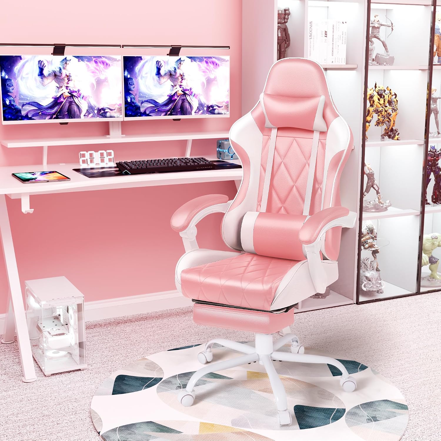 Shahoo Gaming Chair with Footrest and Massage Lumbar Support, Ergonomic Office Computer Seat Height Adjustable with Headrest, Pink