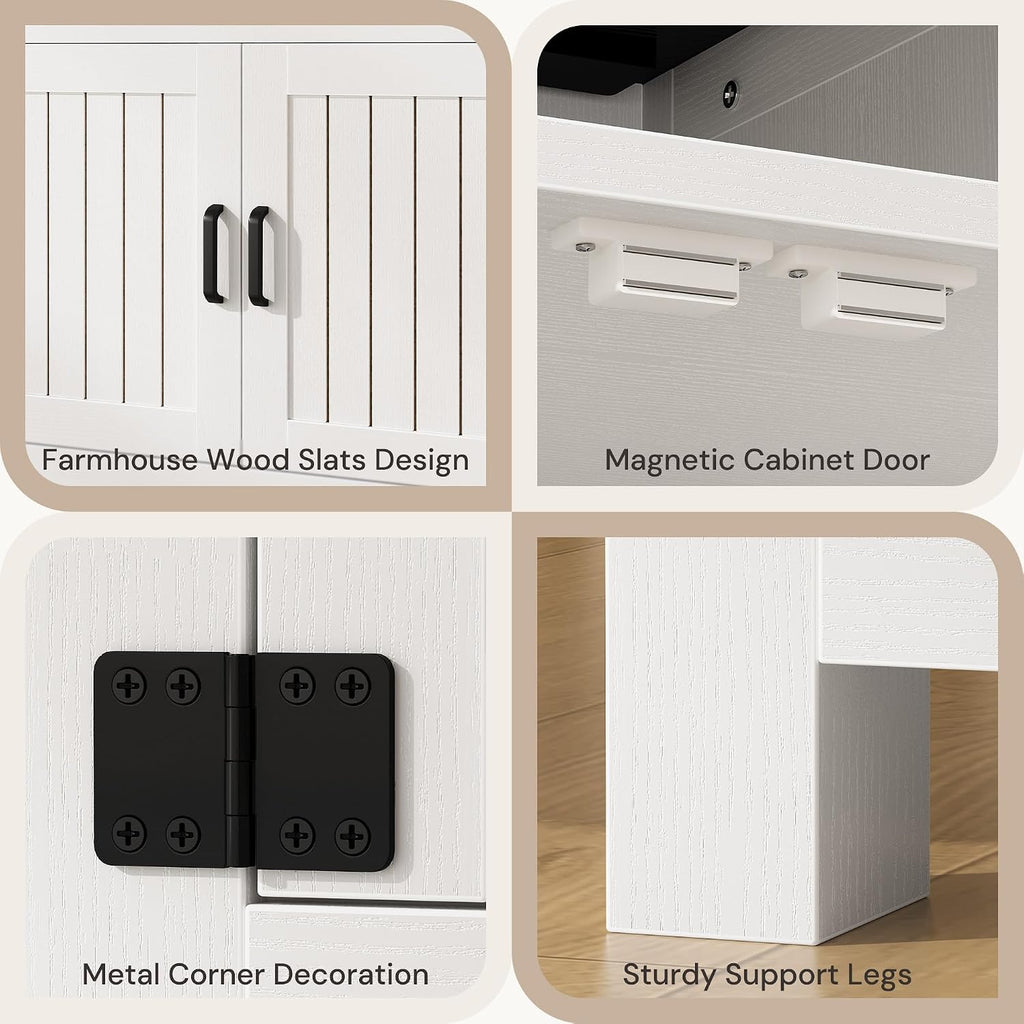 24" Farmhouse End Table Set of 2 with Charging Station, Large Square Side Table with Open Shelf and Barn Door Storage for Living Room, Bedroom (White)