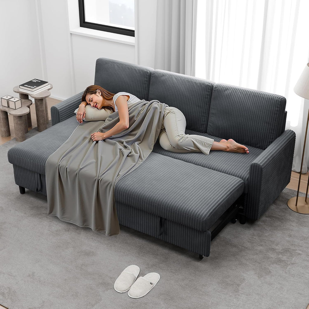 Walsunny 77" Sectional Sleeper Sofa with Pull Out Bed, Modern L-Shaped Corduroy Convertible Couch with Storage Chaise, Reversible Sofa Bed for Small Spaces, Apartment, Office, Dark Grey