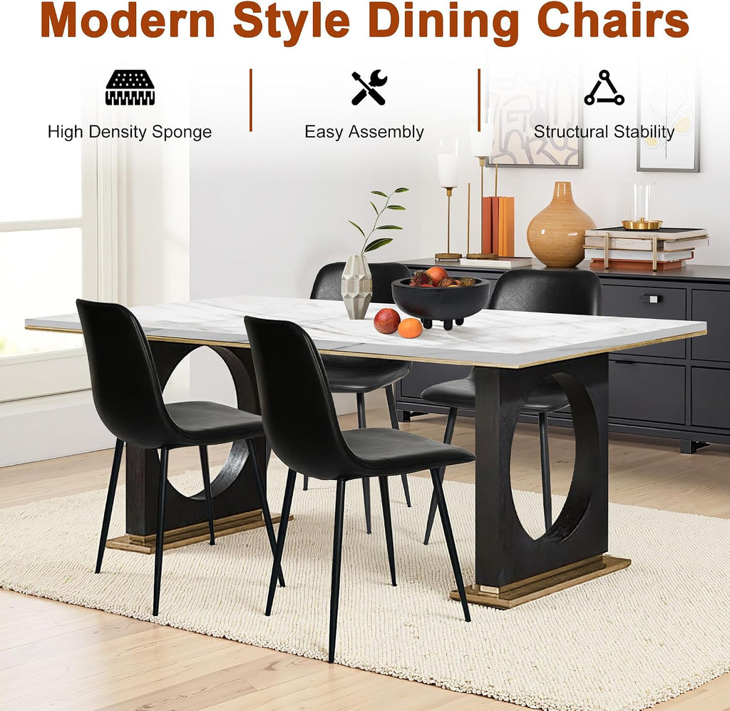 Black Dining Chairs Set of 4, Modern Faux Leather Upholstered Kitchen Side Chairs with Curved Back, Sturdy Metal Legs, for Dining Room, Living Room, Office, Black