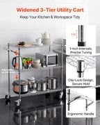 VEVOR Kitchen Utility Cart, 3 Tier Heavy Duty Adjustable Wire Storage Rack, Commercial Steel Rolling Service Trolley on Wheels, Work Table with Handle Bar, for Garage and Laundry Room, 35x17.8x40.9 in