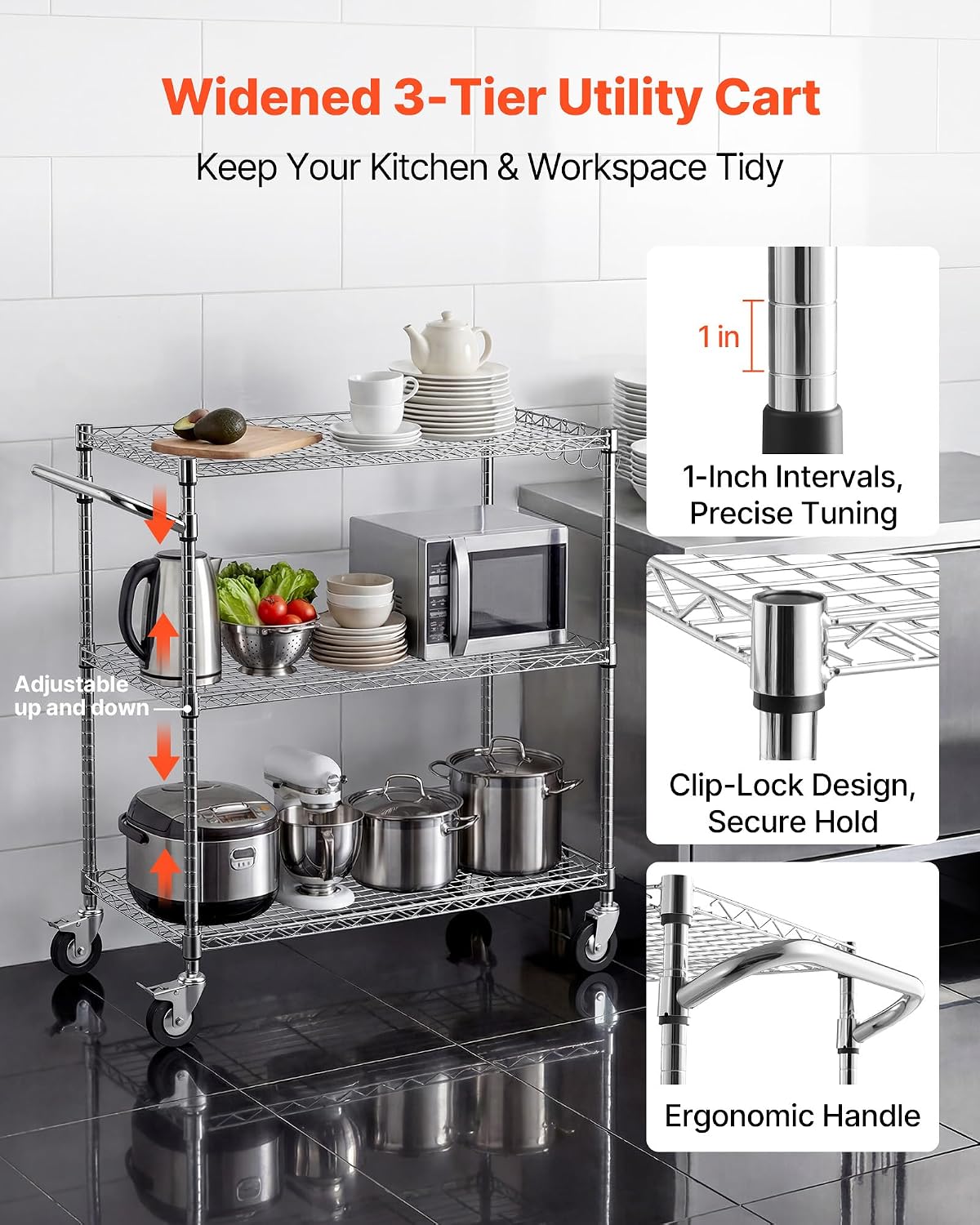 VEVOR Kitchen Utility Cart, 3 Tier Heavy Duty Adjustable Wire Storage Rack, Commercial Steel Rolling Service Trolley on Wheels, Work Table with Handle Bar, for Garage and Laundry Room, 35x17.8x40.9 in
