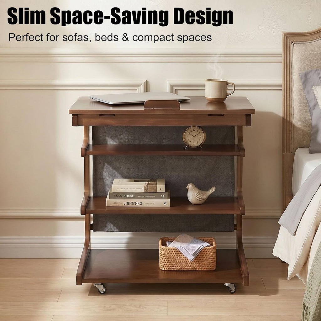 100% Solid Wood C Shaped End Table with Swivel Wheels, Lift Top Couch Table with Storage, Rolling Table that Slide Under Sofa & Bed, 15.75" D x 23.62" W x 24.8" H