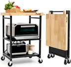PLKOW Foldable Kitchen Cart with Solild Oak Wood Top, Rolling Kitchen Island on Wheels, 3-Tier Storage Utility Cart for Microwave, Toaster Oven, Small Spaces