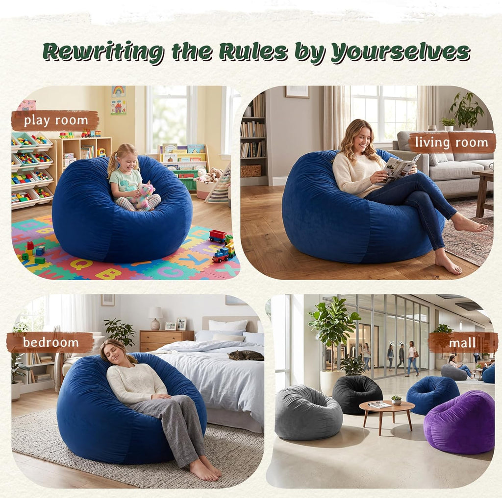 ZurNesfure Bean Bag Chairs for Adults 3FT Large Bean Bag Chair Memory Foam Filled Lazy Sofa with Removable Washable Cover Beanbag for Living Room Bedroom Dorm (Blue, Medium)