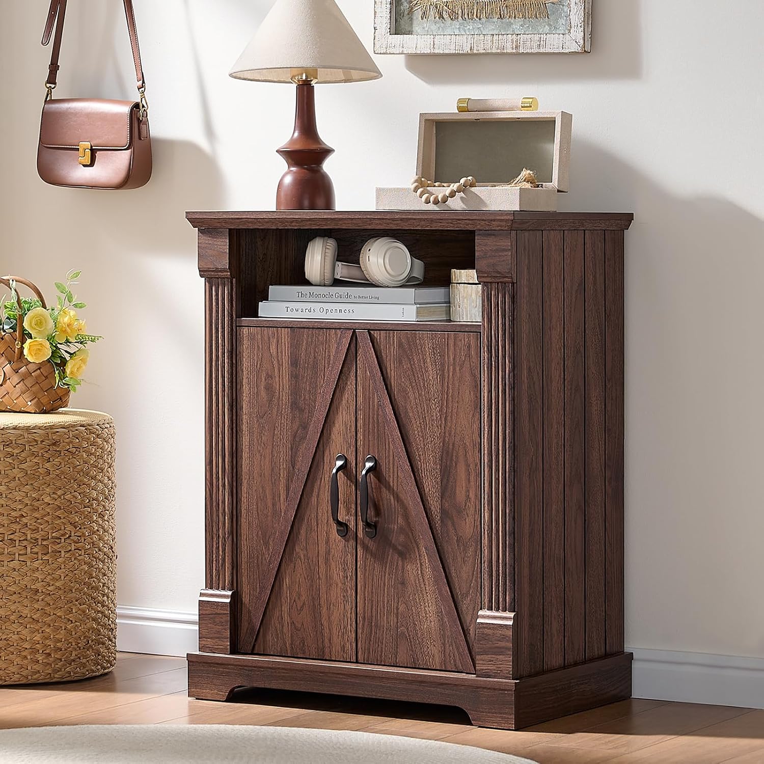 BuildHom 24" Farmhouse Storage Cabinet – Walnut Freestanding Buffet Sideboard with Barn Doors, Adjustable Shelf, Small Coffee Bar for Kitchen, Bathroom & Living Room