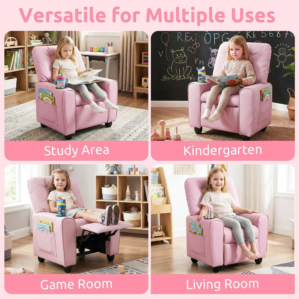 INFANS Kids Recliner, Toddler Lounge Chair with Adjustable Backrest Footrest Cup Holder Side Pockets, PU Leather Toddler Couch