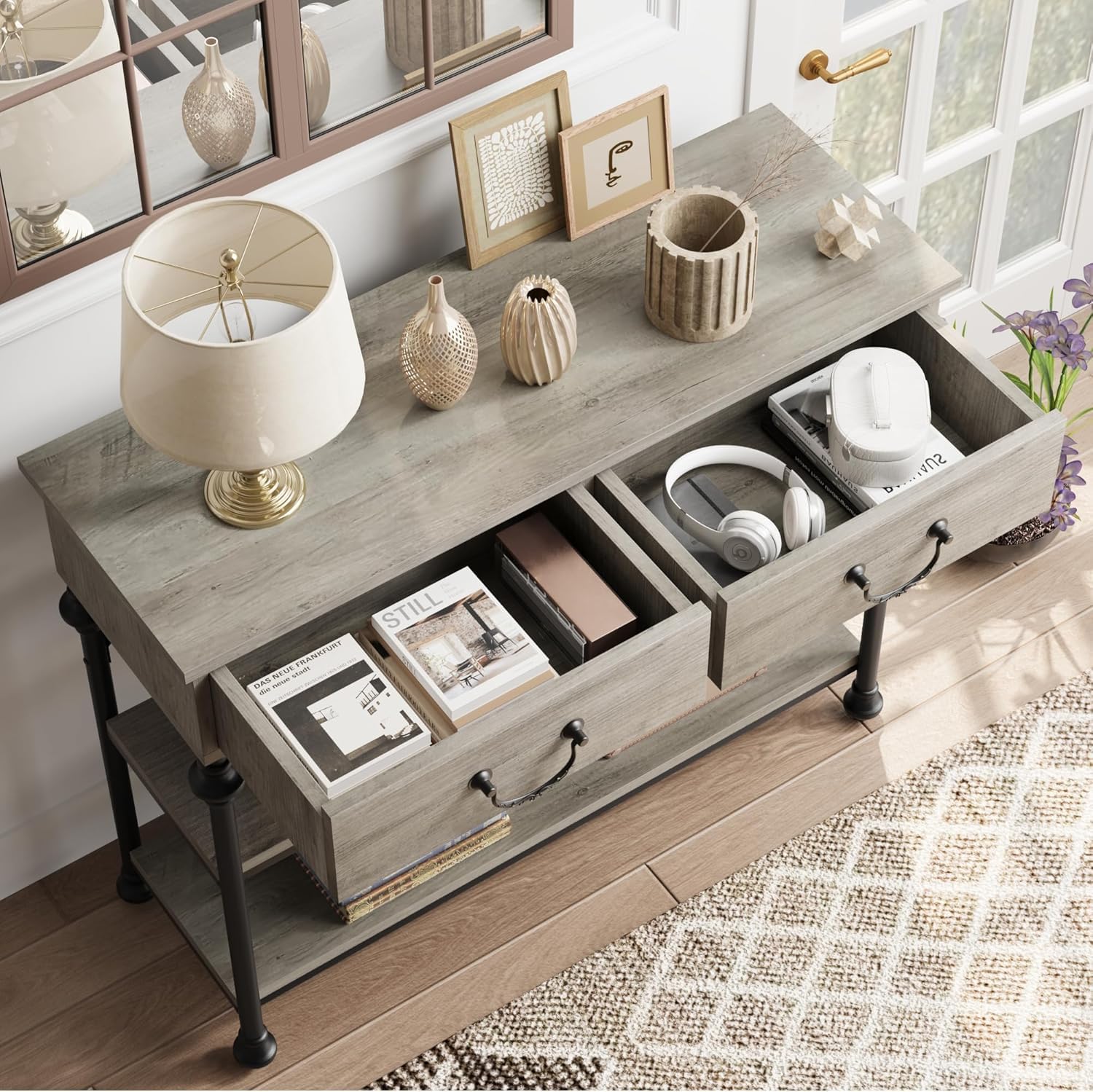 IDEALHOUSE 39'' Narrow Console Table with 2 Drawers, Farmhouse Sofa Table, Behind Couch Table with 2 Tier Storage Shelves, Entryway Table for Living Room, Hallway, Entrance, Foyer, Grey