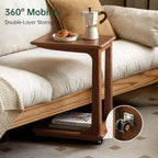 YESWOOD 100% Solid Wood C Shaped Side Table with Wheels, Small Side Table for Living Room, Wooden End Table for Couch, Walnut Bed Side Tables for Bedroom(24.5" H)