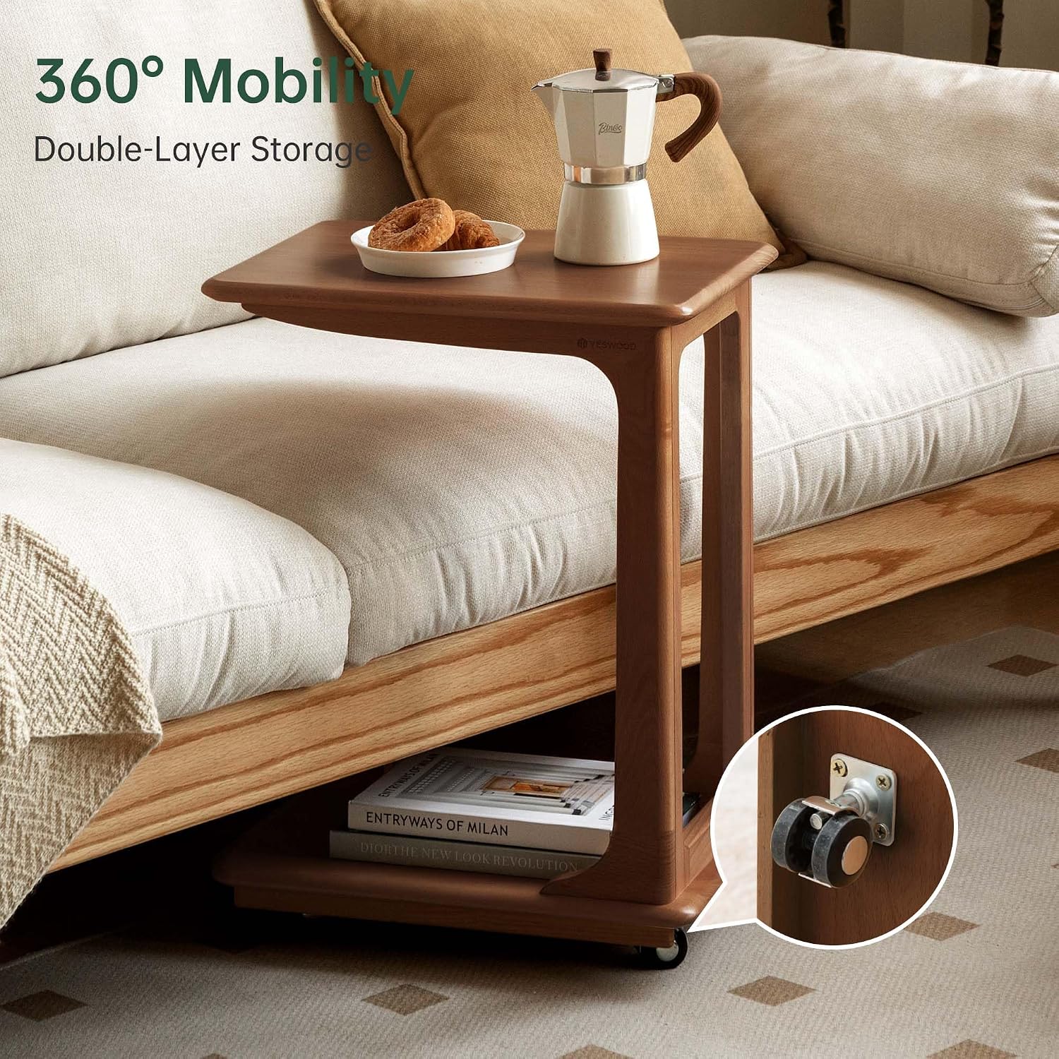 YESWOOD 100% Solid Wood C Shaped Side Table with Wheels, Small Side Table for Living Room, Wooden End Table for Couch, Walnut Bed Side Tables for Bedroom(24.5" H)