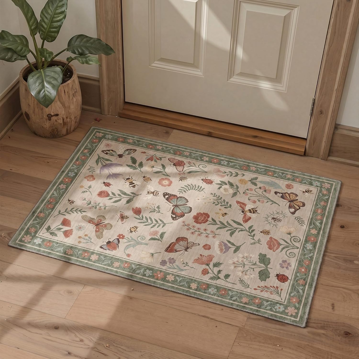 GENIMO 2x5 Runner Rug Non Slip Machine Washable Low Pile for Hallway Kitchen Laundry Room Bedroom Bathroom, Butterfly Garden Print Pattern Light Weight, Dusty Sage