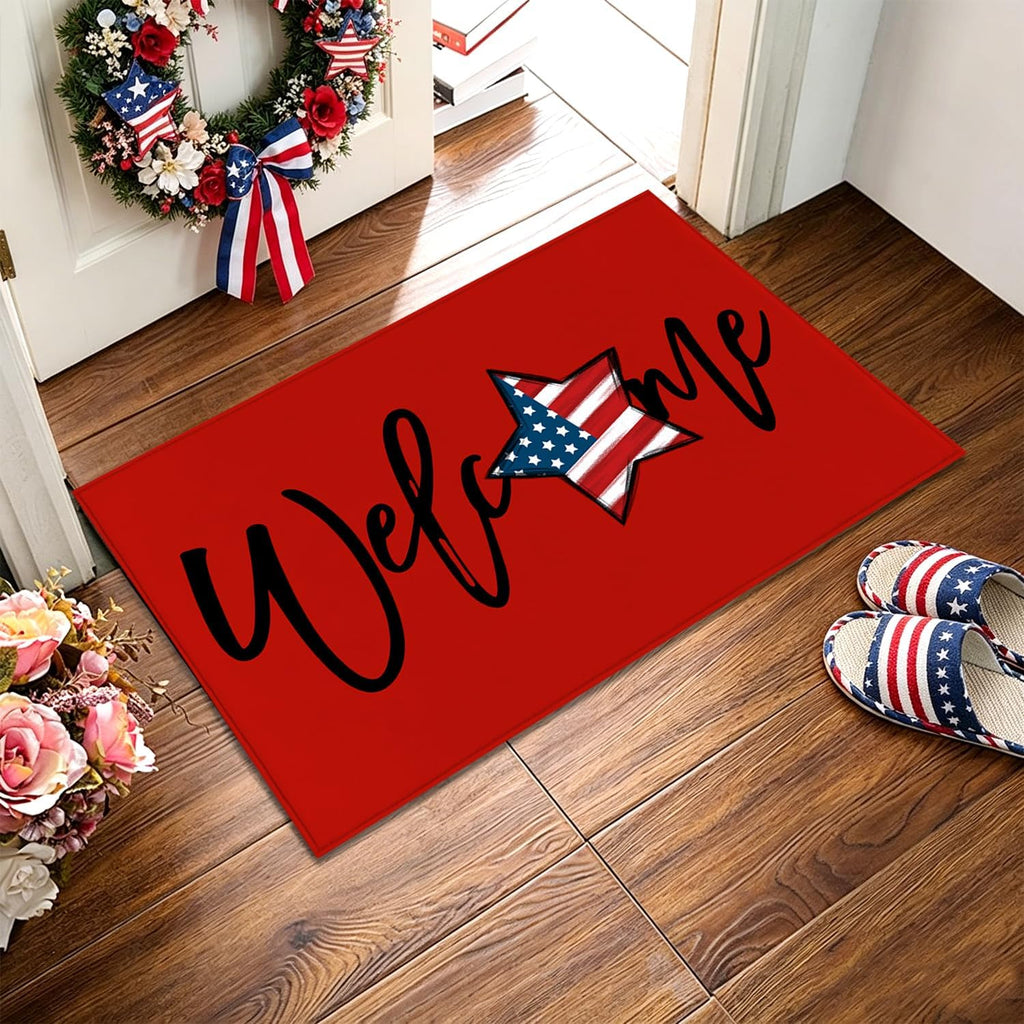 Patriotic 4th of July Doormat Red American Flag Stars,Independence Day Home Decor Memorial Day Doormat Anti-Slip Rubbe for Indoor Outdoor Decorations 17x29 Inch