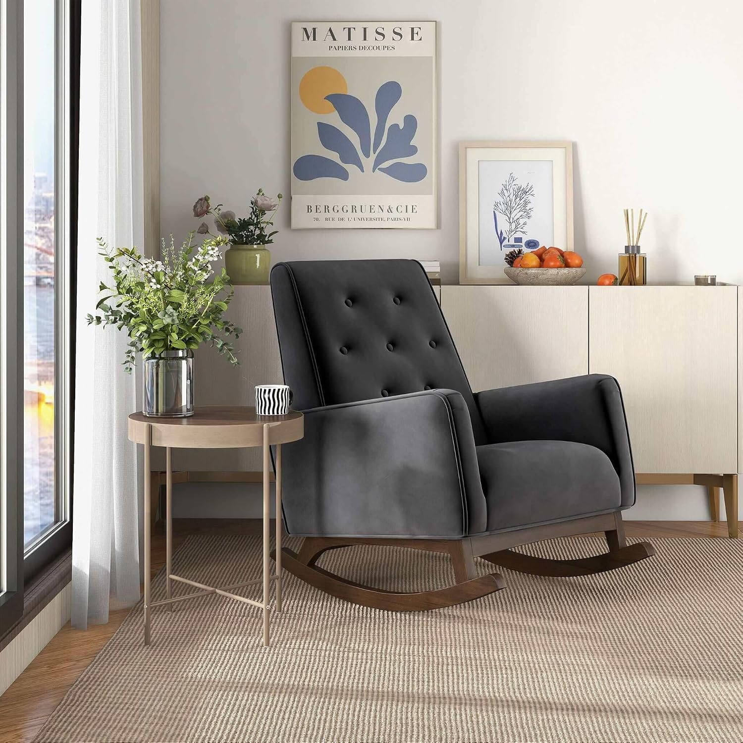 Premium Demetrius Light Grey Fabric Solid Wood Rocking Chair for Livin,A4 | Solid wood frame with high-density foam, stain-resistant fabric, supports 300lbs, versatile for nursery, living room, be