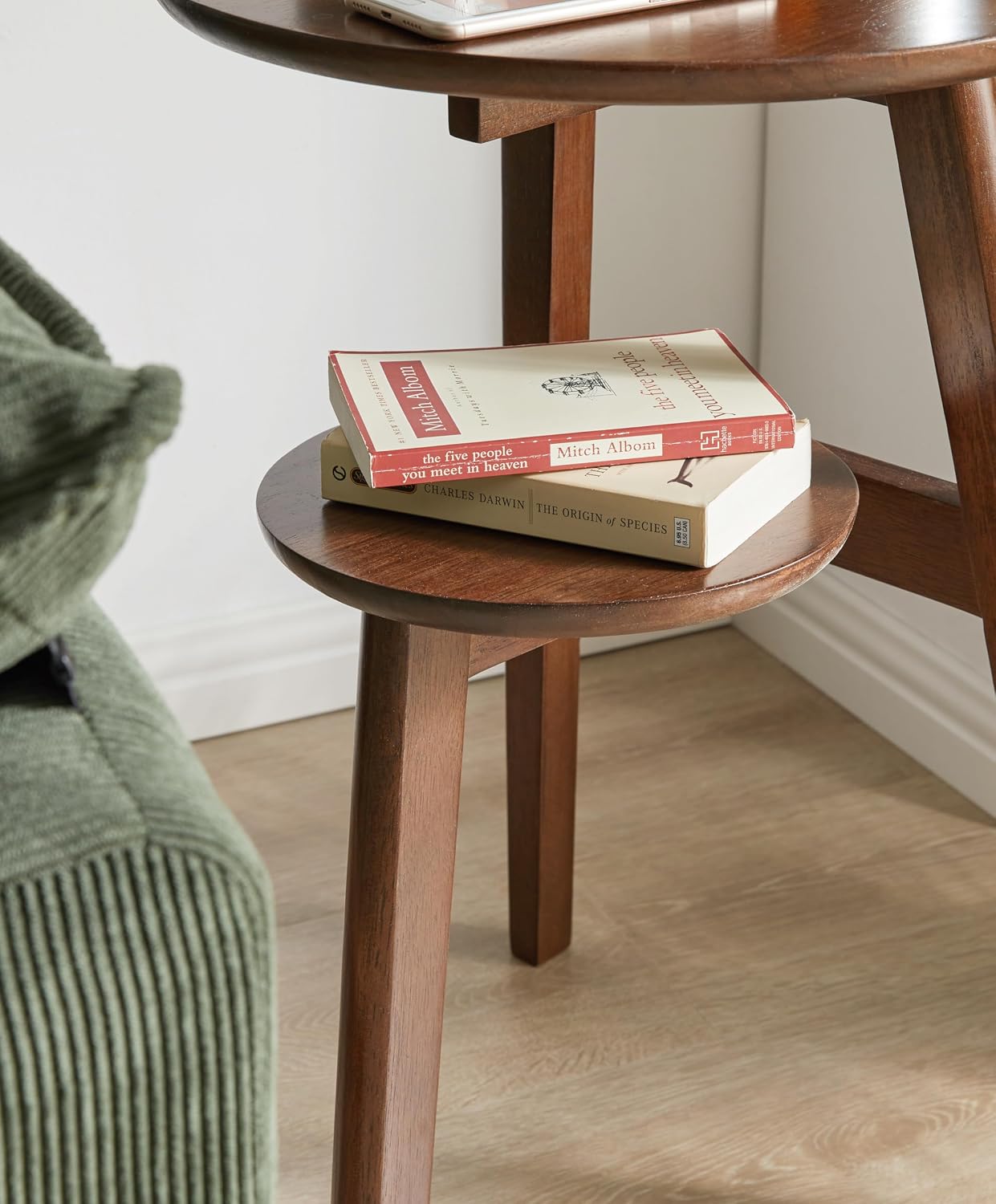 Mid Century Modern Side Table - 2-Tier Round End Tables Living Room, Walnut End Table Nightstand, Small Round Coffee Table Accent, Mid Century End Table, Oak