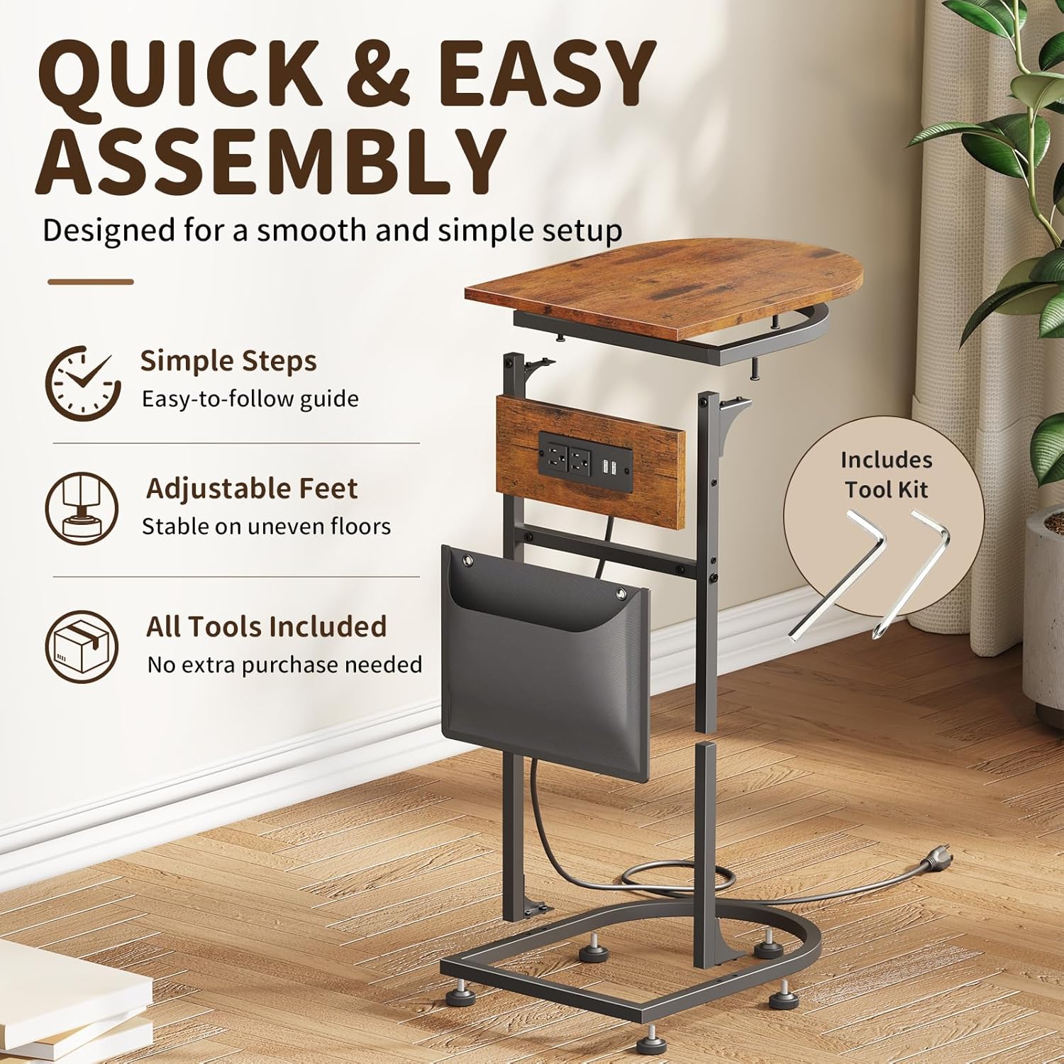 C Shaped End Table with Charging Station, Small Side Table for Couch, C Table Slides Under Sofa with Storage Bag, TV Tray Table for Recliner, Living Room, Bedside, Bedroom, Small Spaces, Rustic Brown