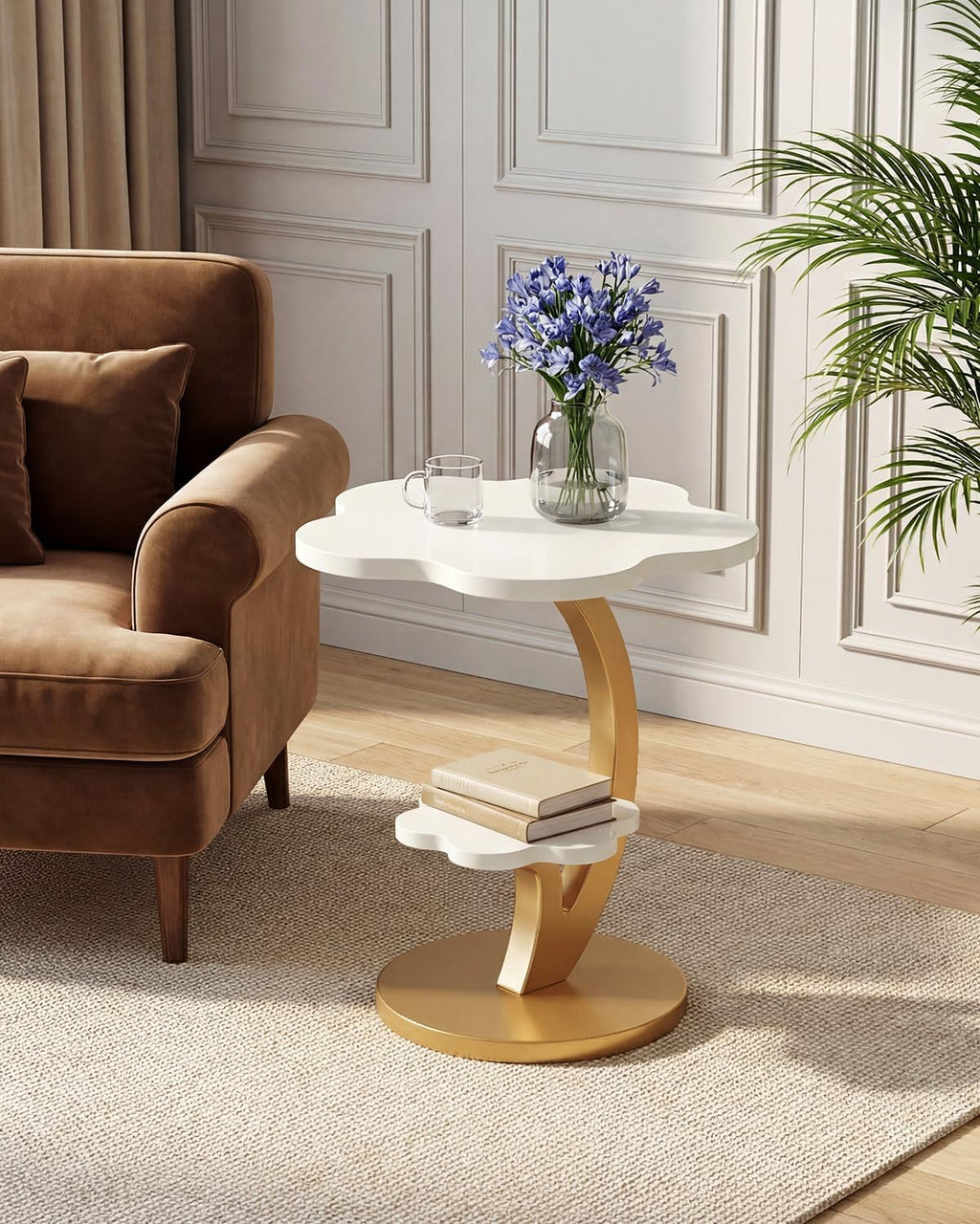 LITTLE TREE End Table, 2-Tier Sofa Side Table, Flower Nightstand with C-Shaped Gold Frame, Modern Luxury Accent Table for Living Room, Bedroom, Small Spaces, Easy Assembly, Glossy Gold + White, 2 PCS