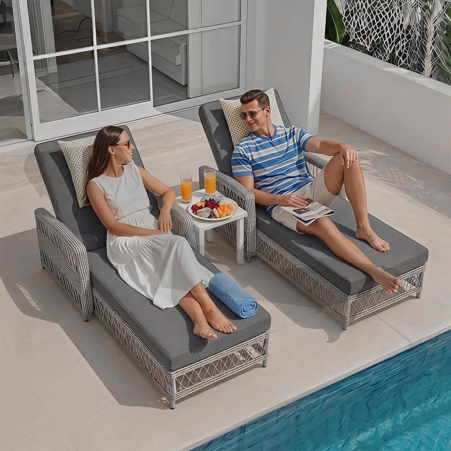 SoarFlash Wicker Chaise Lounge Set of 2, Outdoor Patio Lounge Chair with Adjustable Backrest, Side Shelf and Cushions for Poolside, Garden, Yard, Grey