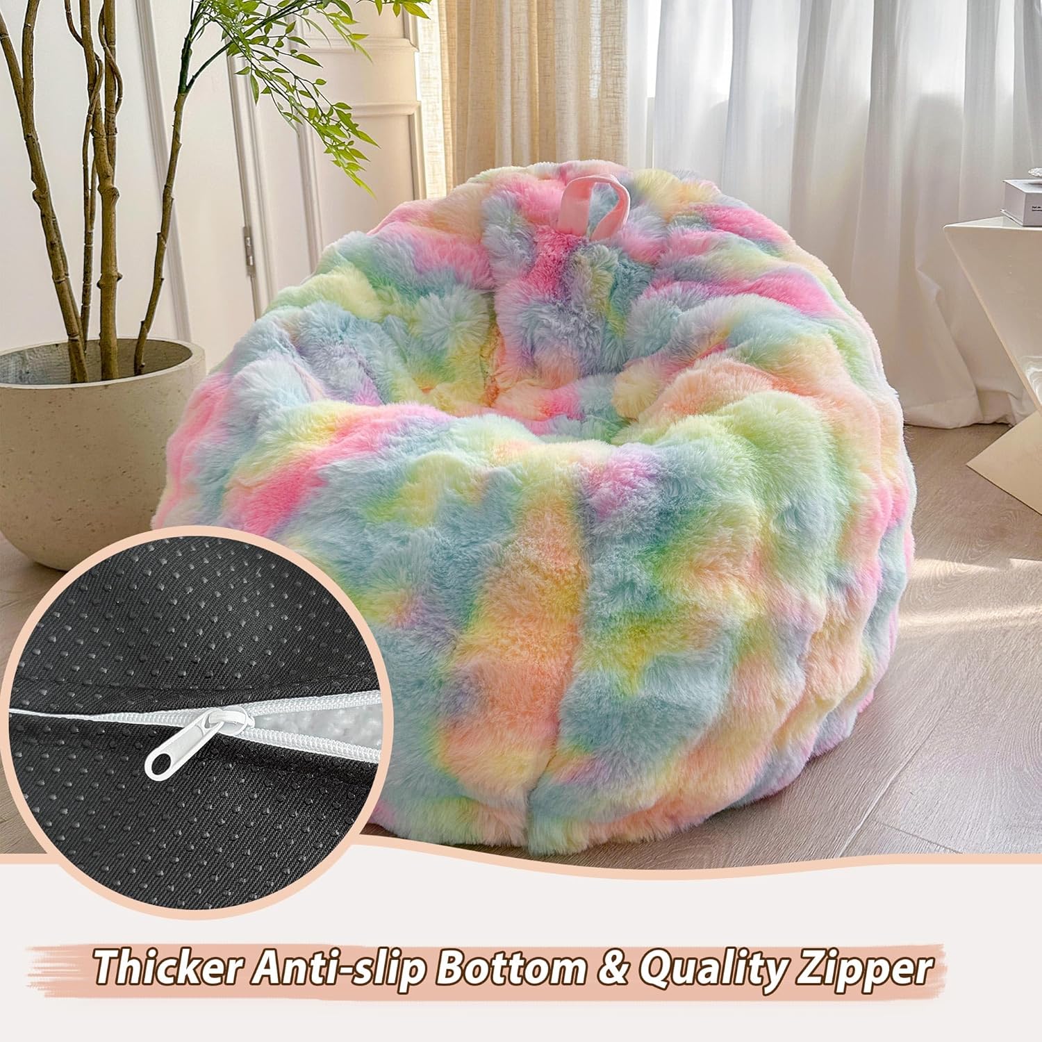 LIFEREVO Fluffy Faux Rabbit Fur Bean Bag Cover (No Filler), Soft Fuzzy Stuffed Animal Storage Bubble Waffle Bean Bag Chair for Plush Toys, Comfy Shaggy Furry Beanbag Cover Kids Girls Adults, Rainbow