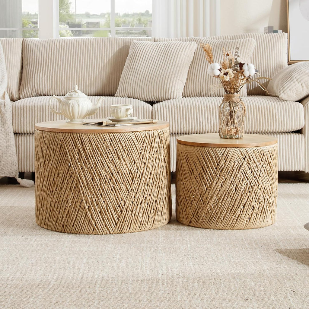Nesting Table Set of 2 Round Wooden Coffee Tables Rustic Woven Center Table for Living Room Bedroom Apartment No Assembly Required, Natural