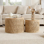 Nesting Table Set of 2 Round Wooden Coffee Tables Rustic Woven Center Table for Living Room Bedroom Apartment No Assembly Required, Natural