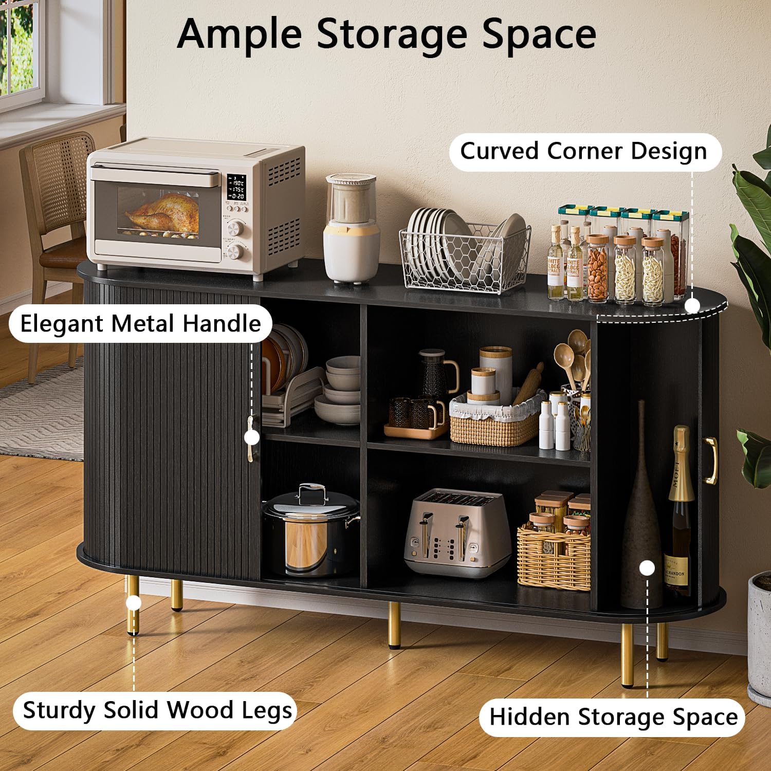 TAVATA Sideboard Buffet Cabinet with Storage, 55" Fluted Storage Cabinet with Tambour Sliding Doors, Wood Coffee Bar Console Table for Living Room Hallway Entryway (Black)